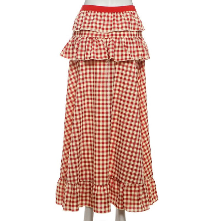 Plaid ruffle high slit button maxi skirt  | Festival Outfits Women