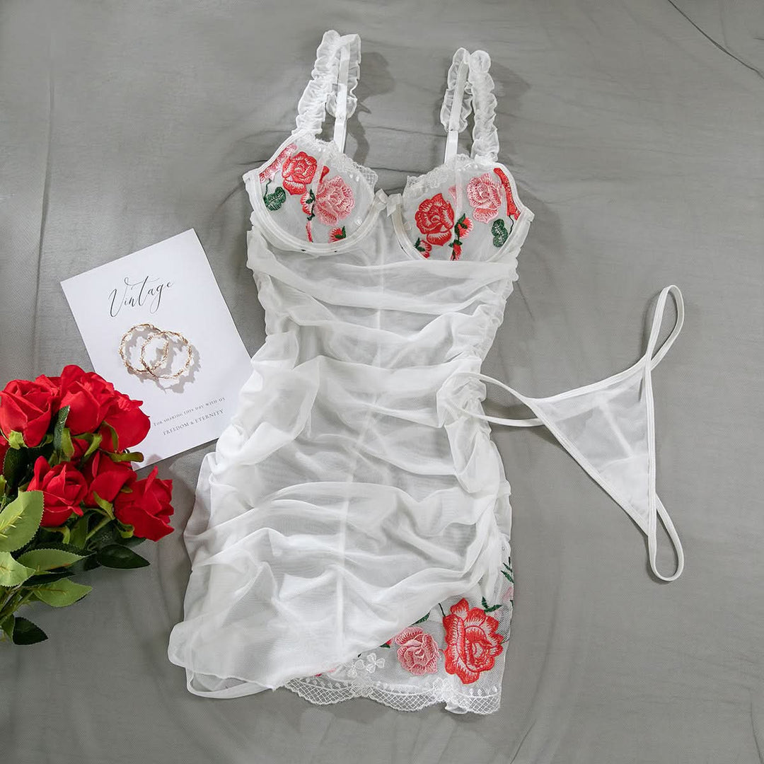 Flower embroidery lace hem ruffle mesh mini dress  | Festival Outfits Women-final-sale