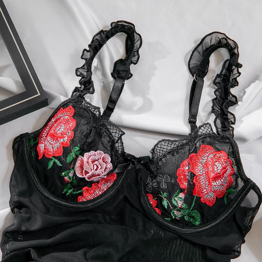 Flower embroidery lace hem ruffle mesh mini dress  | Festival Outfits Women-final-sale