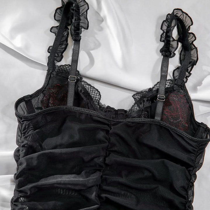 Flower embroidery lace hem ruffle mesh mini dress  | Festival Outfits Women-final-sale