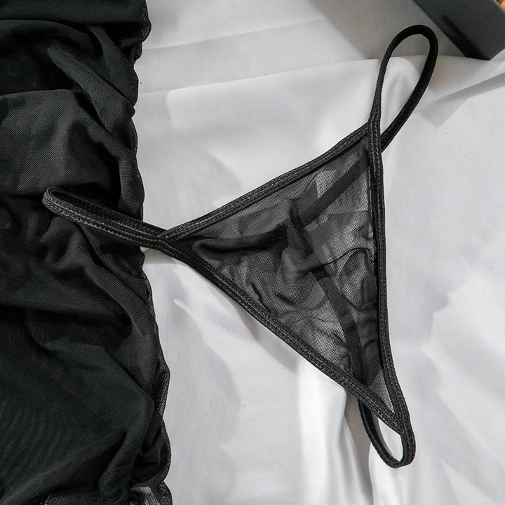 Flower embroidery lace hem ruffle mesh mini dress  | Festival Outfits Women-final-sale