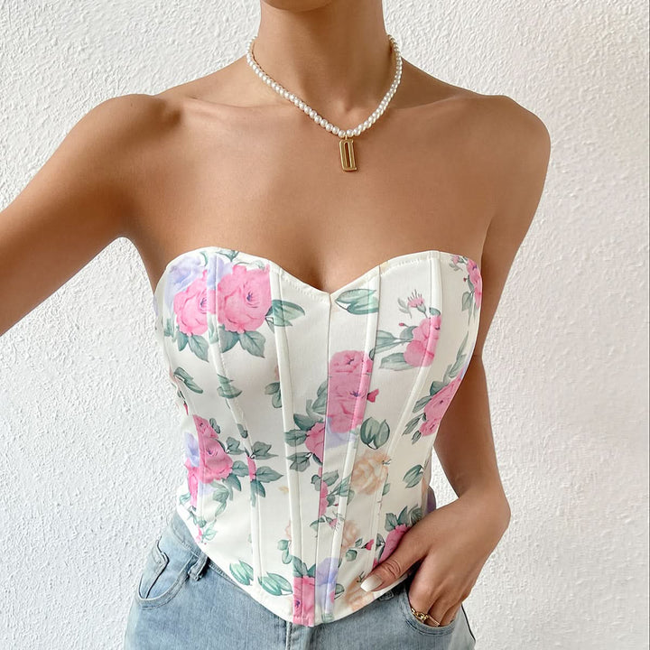 Sweetheart neck flower print corset tube top  | Festival Outfits Women
