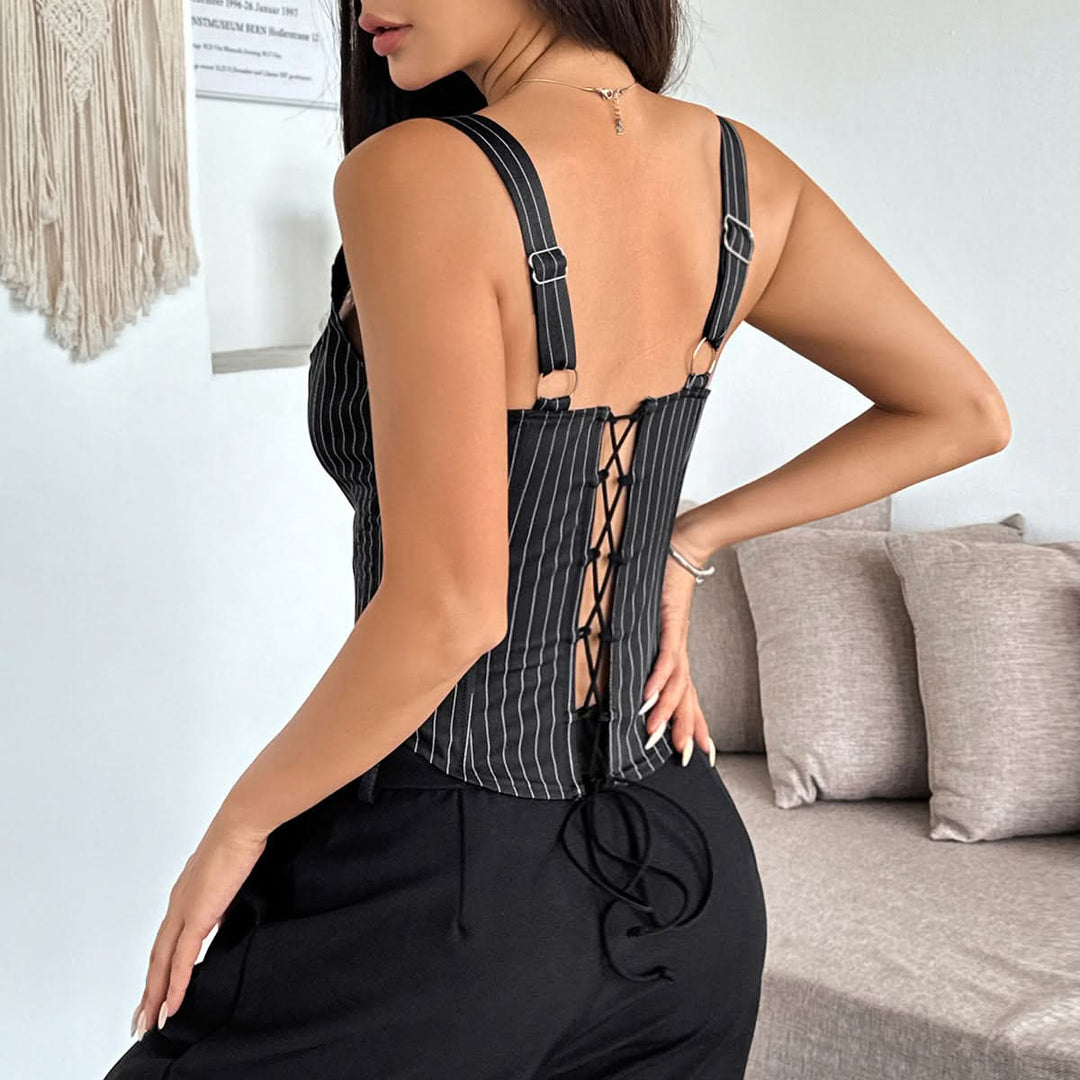Ruffle hollow out striped self tie v neck cut out top  | Festival Outfits Women