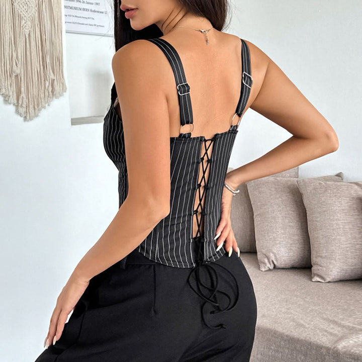 Ruffle hollow out striped self tie v neck cut out top  | Festival Outfits Women