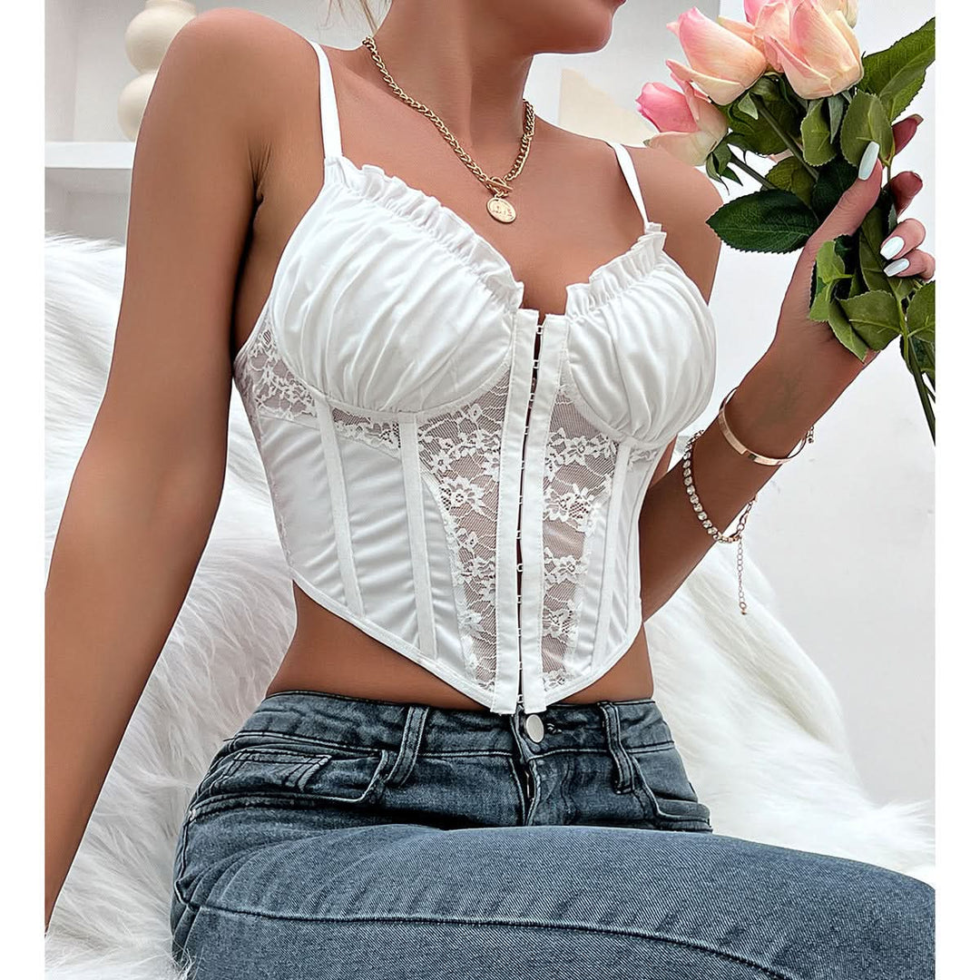 Ruffle corset ruched lace v neck cami top  | Festival Outfits Women