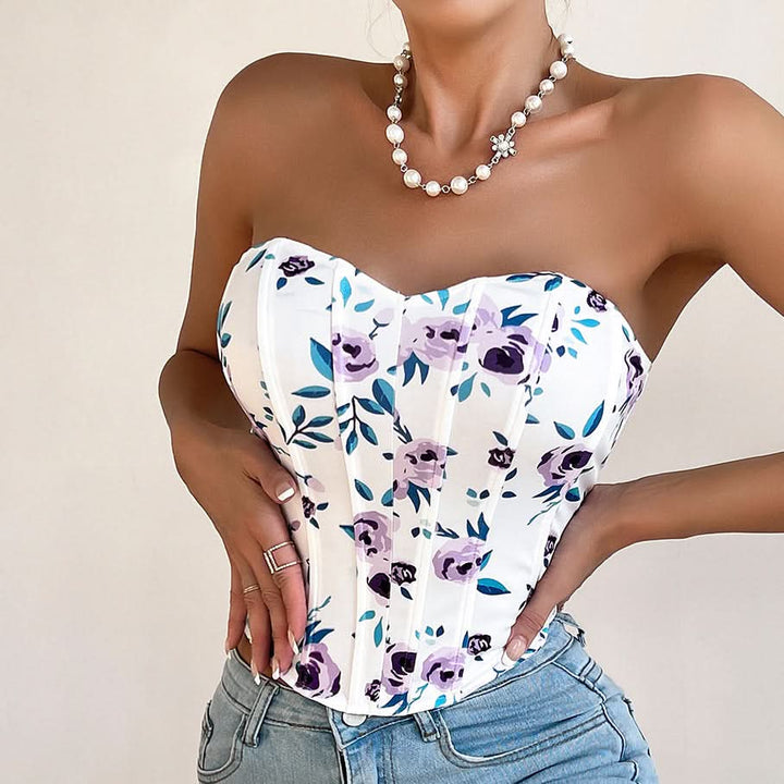 Sweetheart neck flower print corset tube top  | Festival Outfits Women