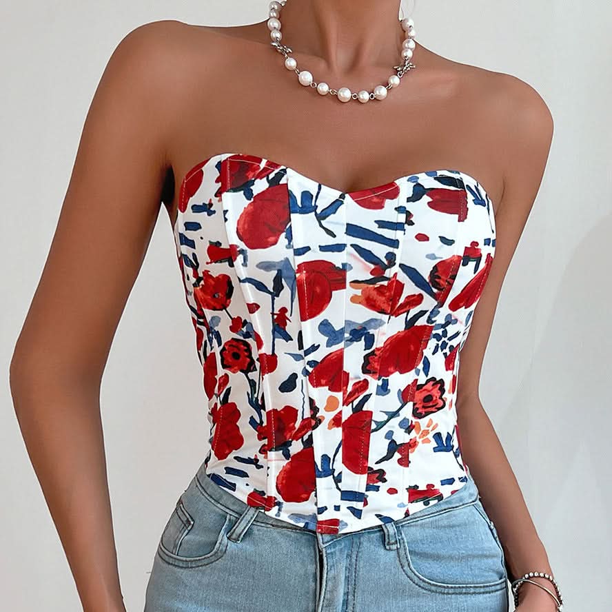 Sweetheart neck flower print corset tube top  | Festival Outfits Women