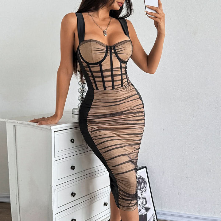 Mesh ruched v neck backless midi dress  | Festival Outfits Women