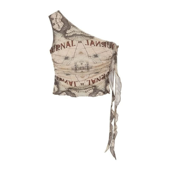 One shoulder irregular ruched ruffle print top  | Festival Outfits Women