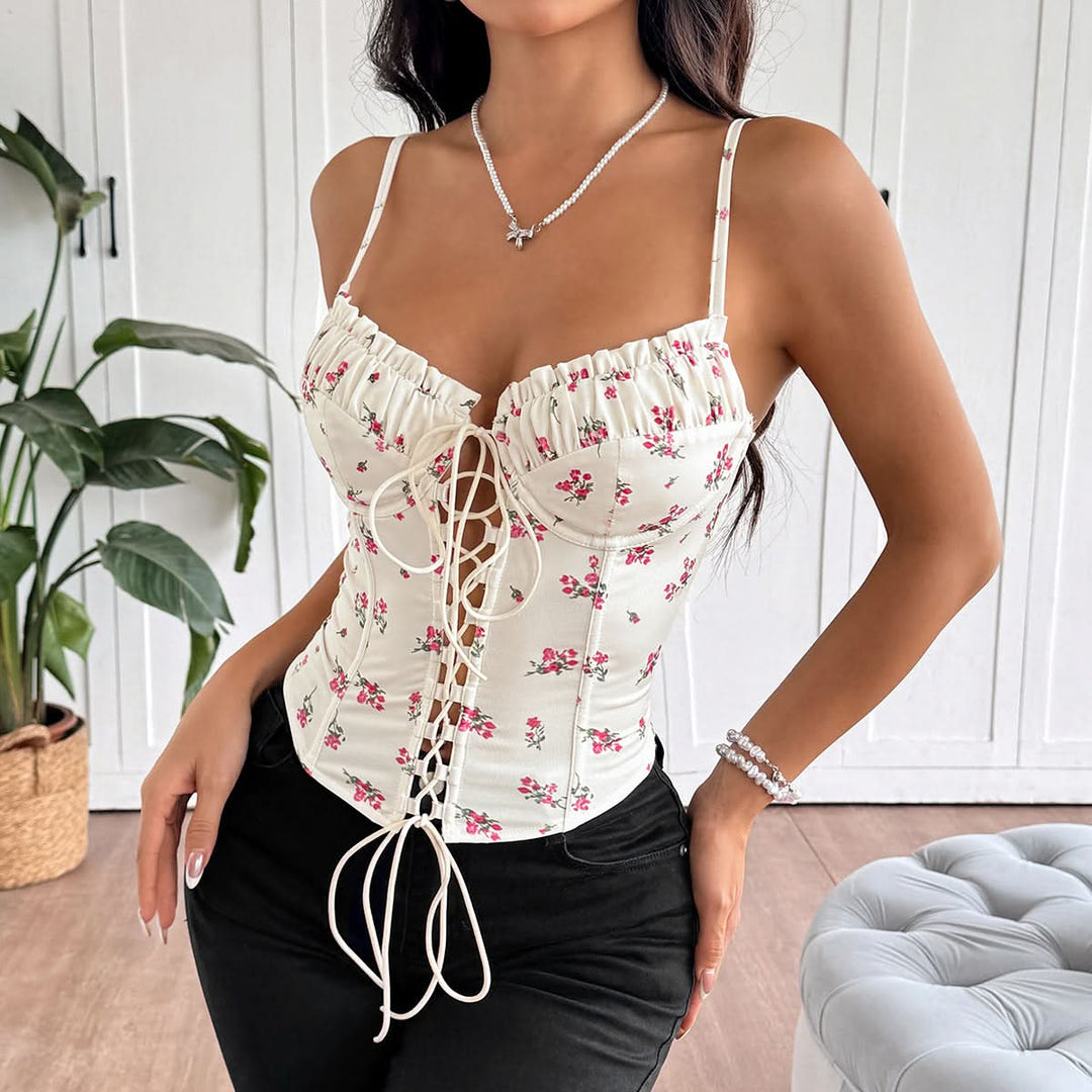 Ruched flower print lace up v neck cami top  | Festival Outfits Women