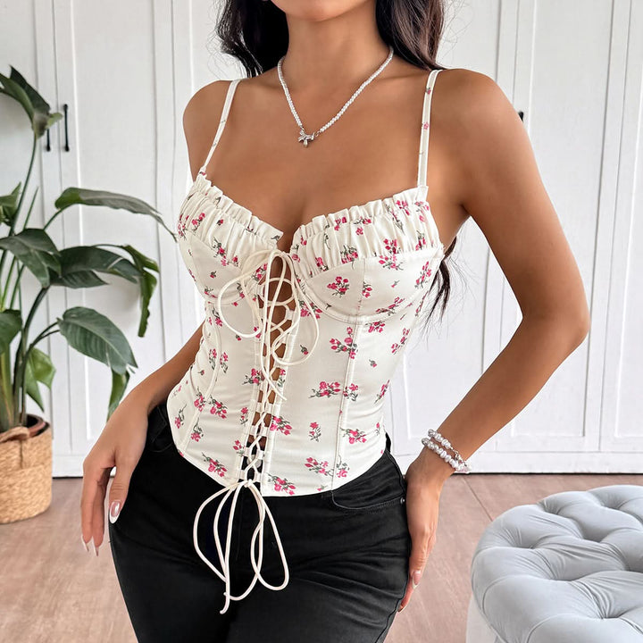 Ruched flower print lace up v neck cami top  | Festival Outfits Women