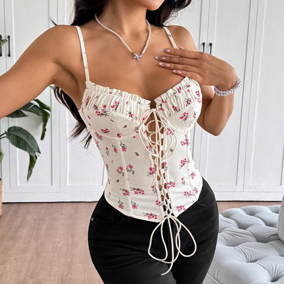 Ruched flower print lace up v neck cami top  | Festival Outfits Women