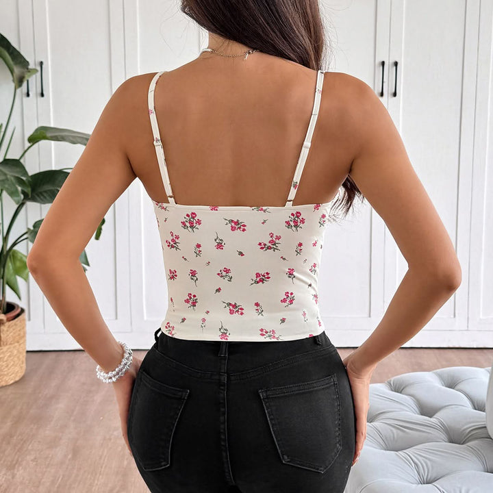 Ruched flower print lace up v neck cami top  | Festival Outfits Women