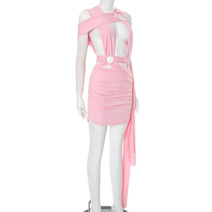 Ruched hollow out irregular o ring cut out mini dress  | Festival Outfits Women-final-sale