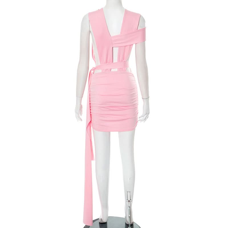 Ruched hollow out irregular o ring cut out mini dress  | Festival Outfits Women-final-sale