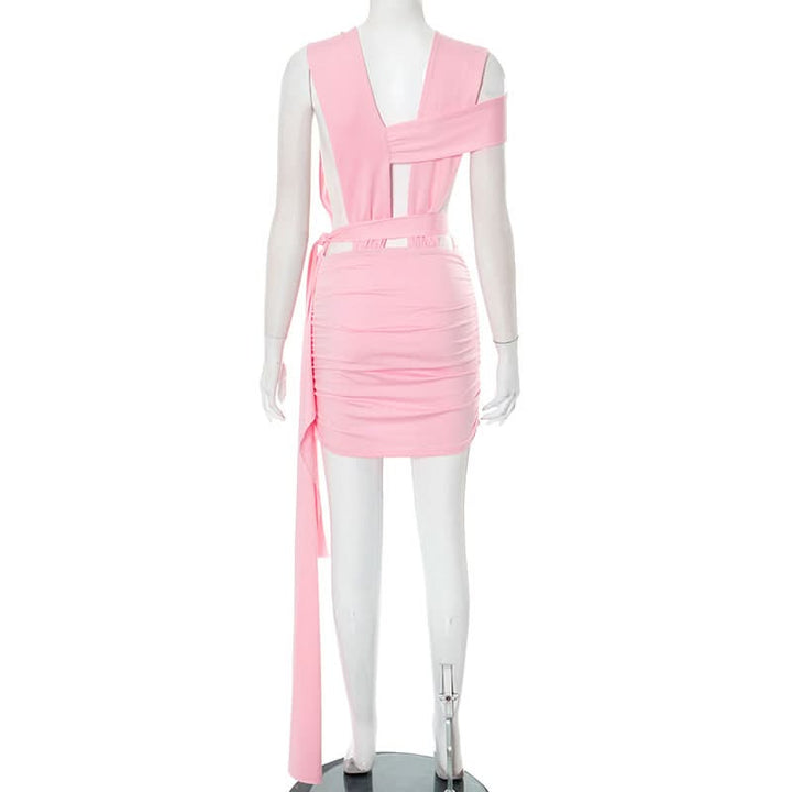 Ruched hollow out irregular o ring cut out mini dress  | Festival Outfits Women-final-sale