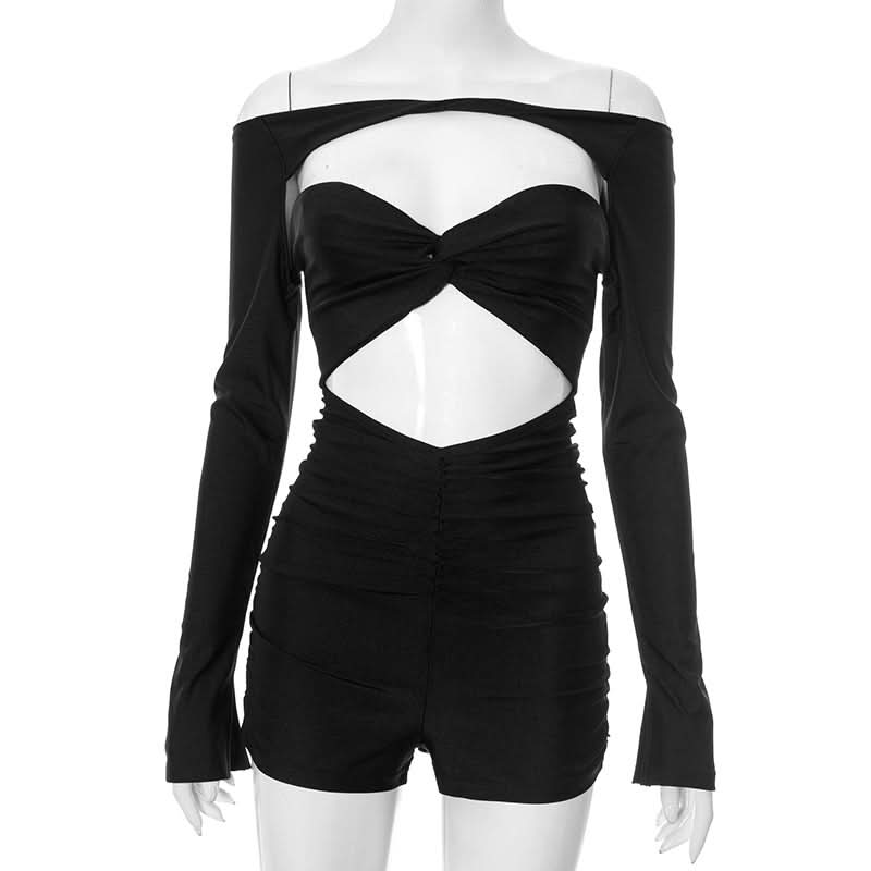 Long sleeve hollow out ruched off shoulder romper  | Festival Outfits Women