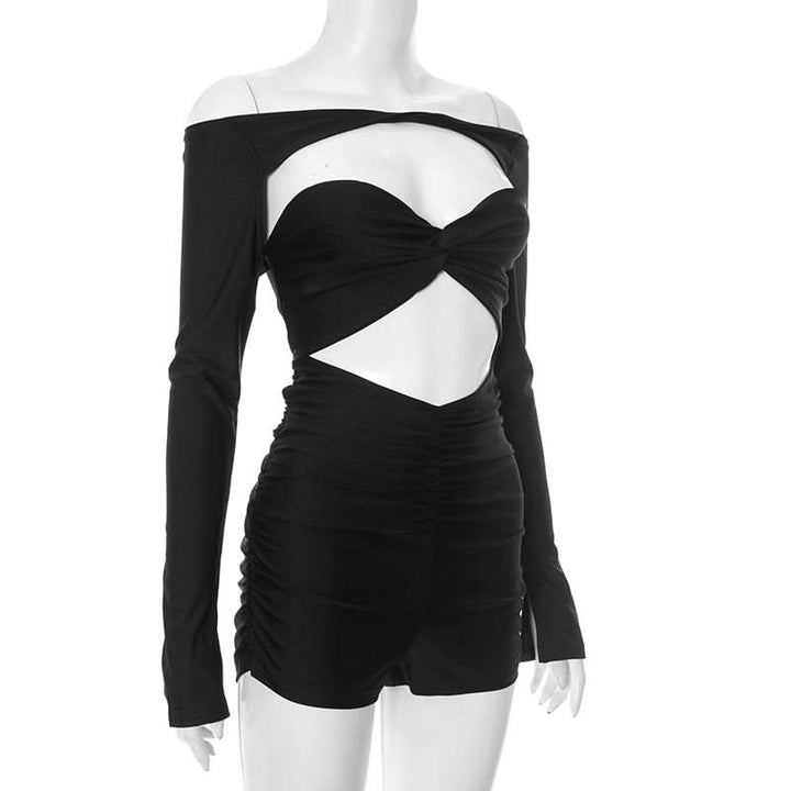 Long sleeve hollow out ruched off shoulder romper  | Festival Outfits Women