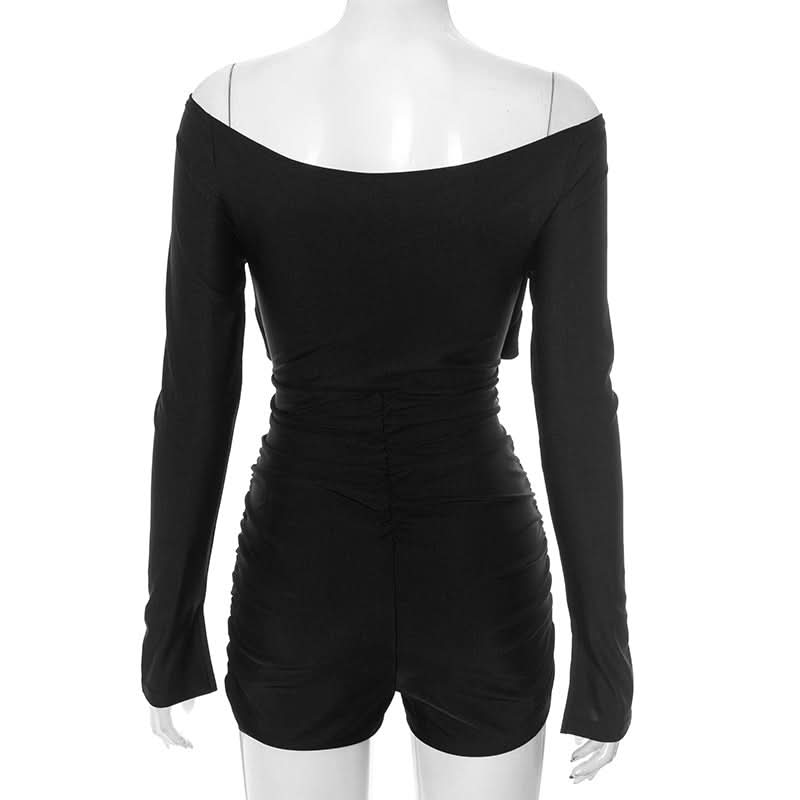 Long sleeve hollow out ruched off shoulder romper  | Festival Outfits Women