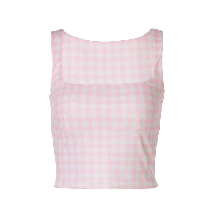 Plaid square neck contrast tank top  | Festival Outfits Women