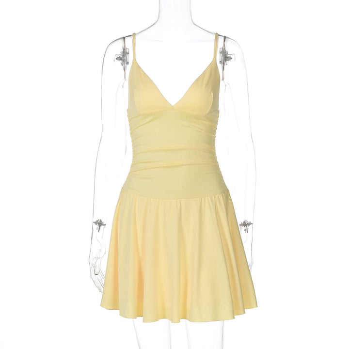 V neck ruched backless cami solid mini dress  | Festival Outfits Women