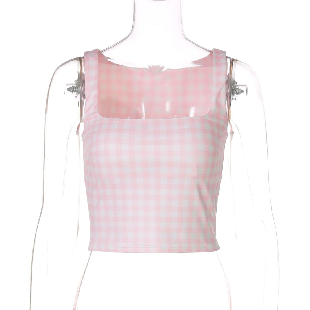 Plaid square neck contrast tank top  | Festival Outfits Women