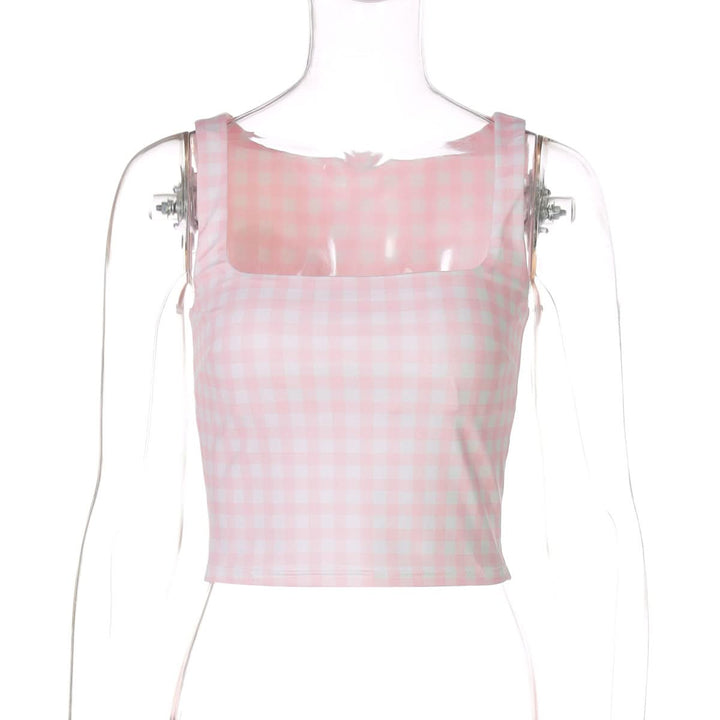 Plaid square neck contrast tank top  | Festival Outfits Women