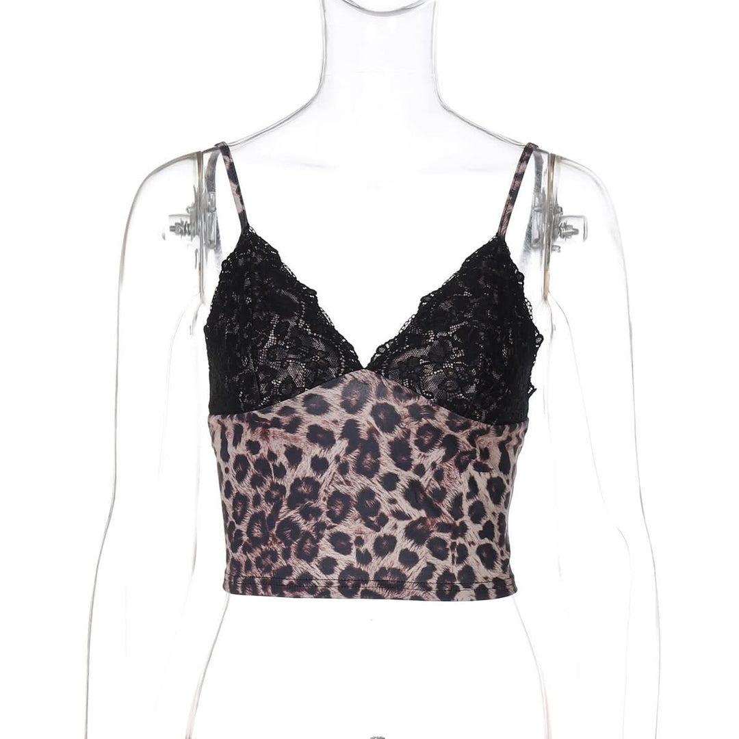 Leopard print v neck lace hem cami top  | Festival Outfits Women  | Cheetah Print Top