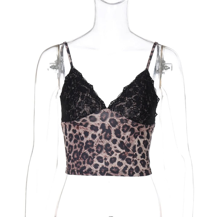Leopard print v neck lace hem cami top  | Festival Outfits Women  | Cheetah Print Top