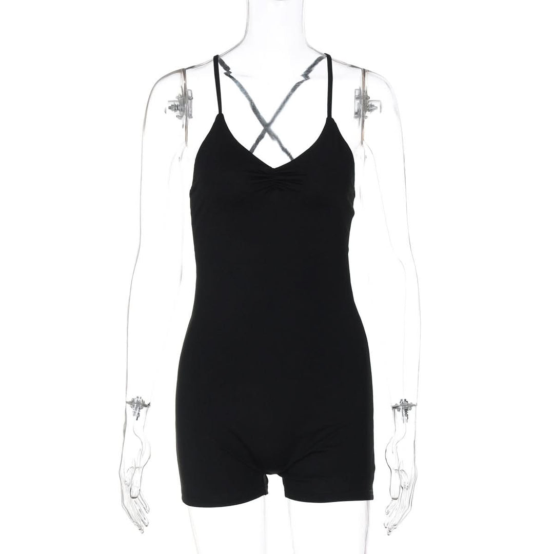 Cross back ruched v neck cami romper  | Festival Outfits Women