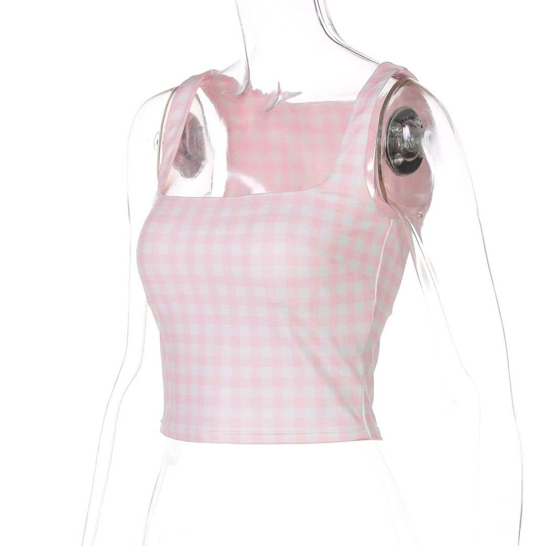 Plaid square neck contrast tank top  | Festival Outfits Women