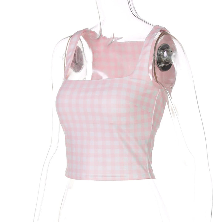 Plaid square neck contrast tank top  | Festival Outfits Women