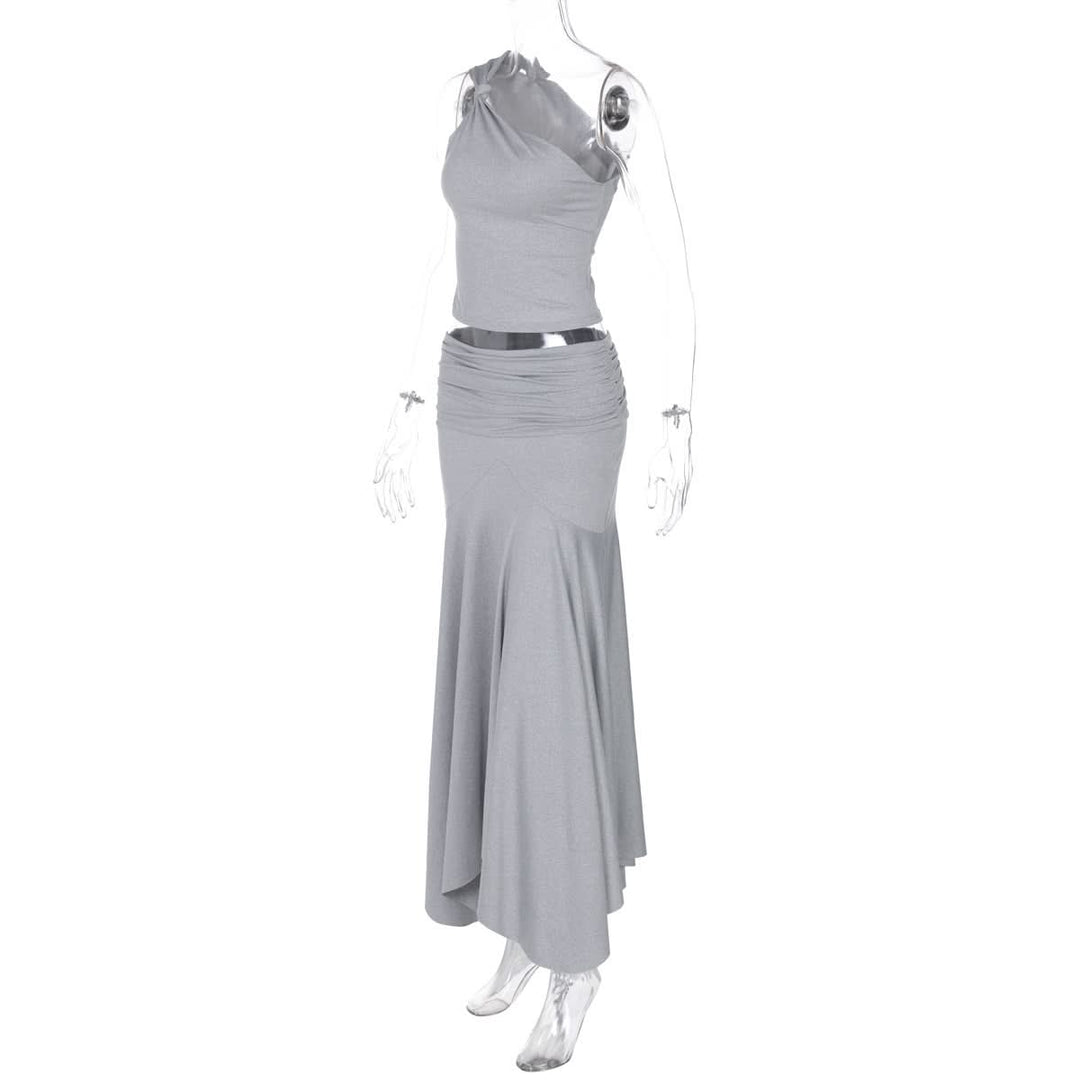 Irregular one shoulder ruched maxi skirt set  | Festival Outfits Women
