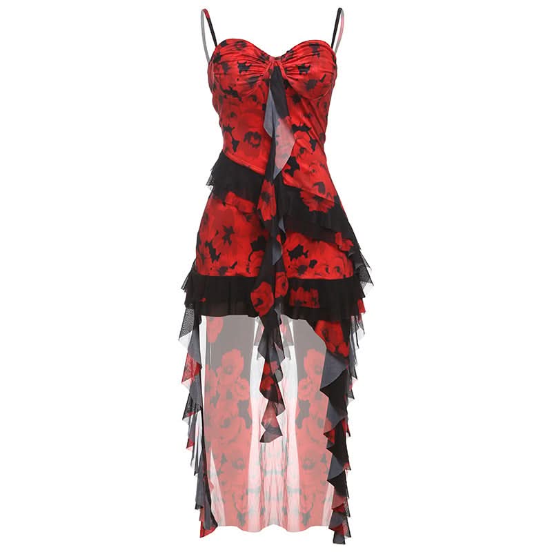 Mesh v neck ruffle print cami mini dress  | Festival Outfits Women-final-sale