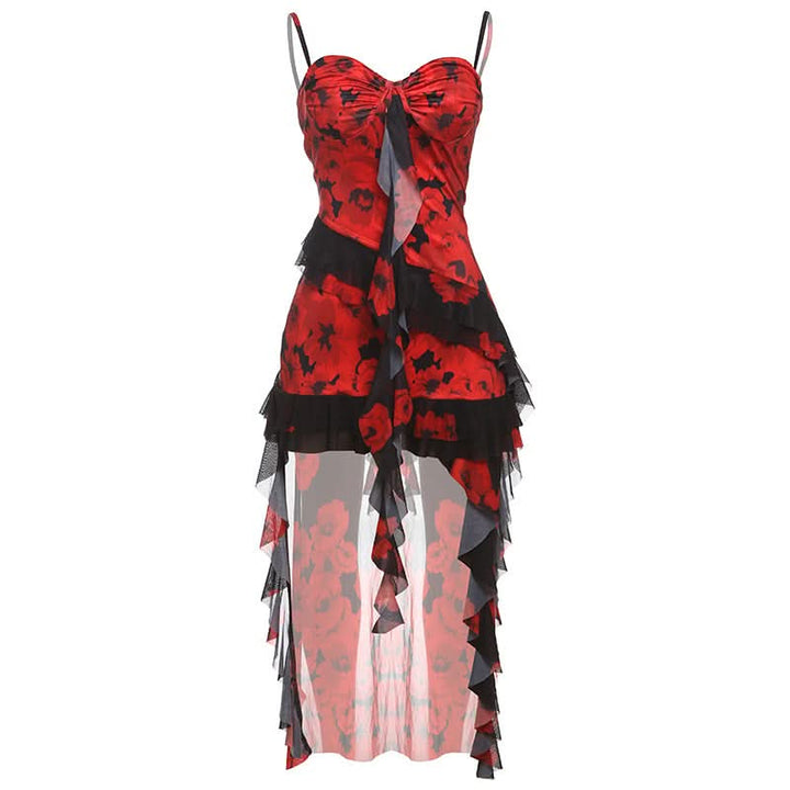 Mesh v neck ruffle print cami mini dress  | Festival Outfits Women-final-sale