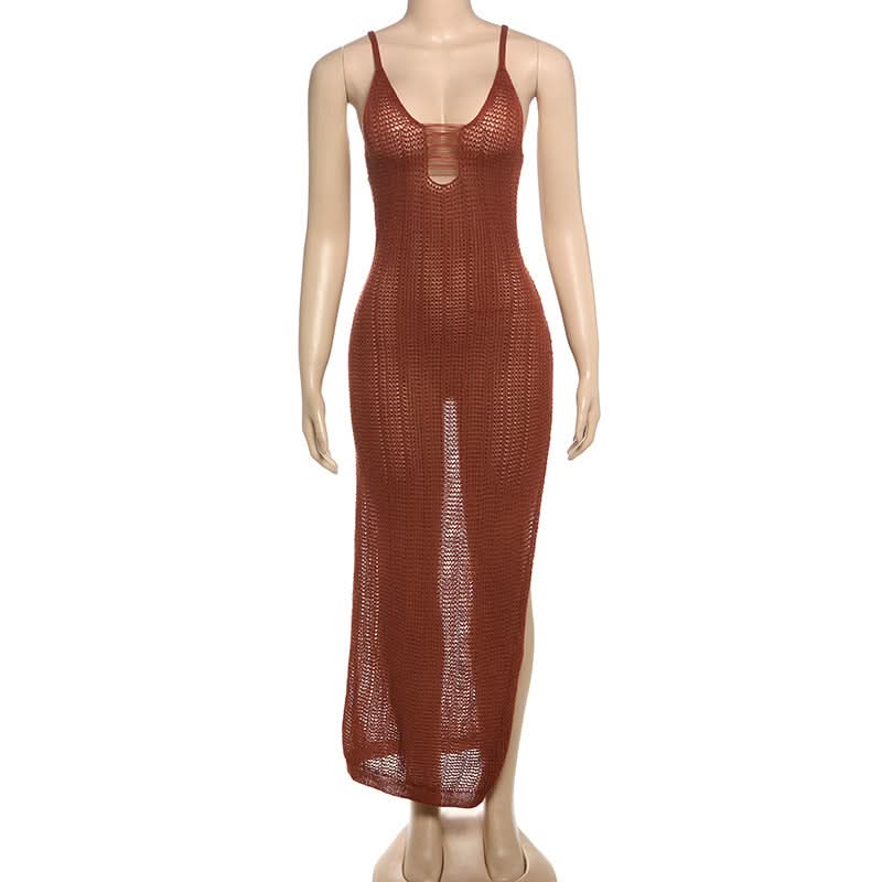 Hollow out u neck see through slit cami cut out maxi dress  | Festival Outfits Women