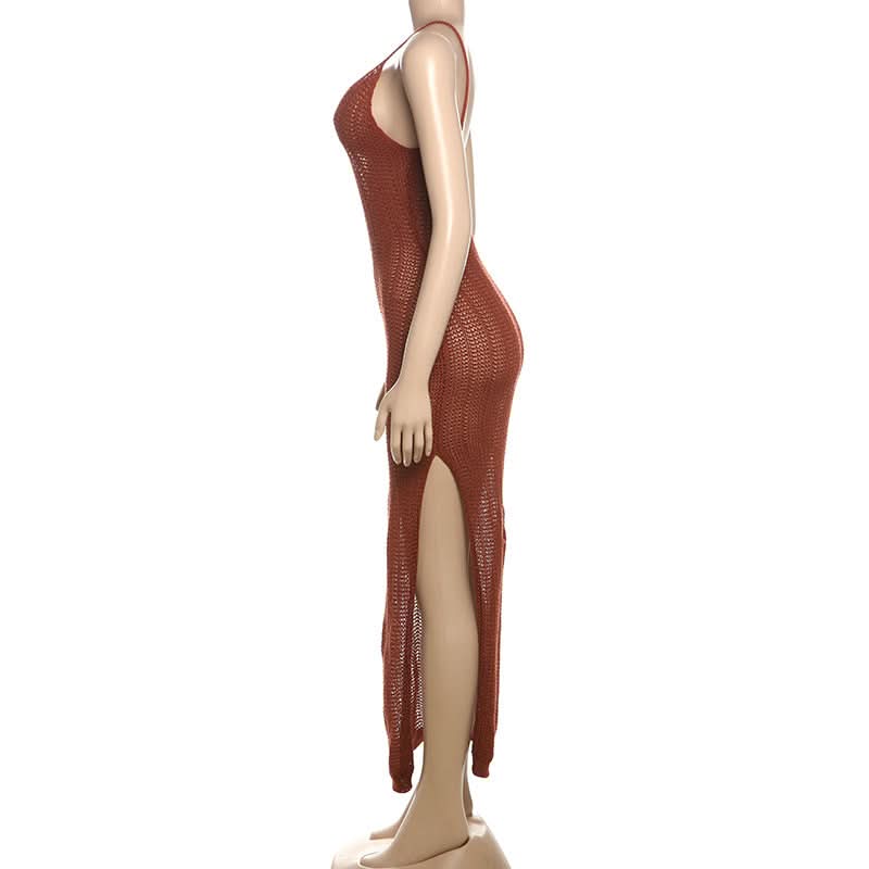 Hollow out u neck see through slit cami cut out maxi dress  | Festival Outfits Women