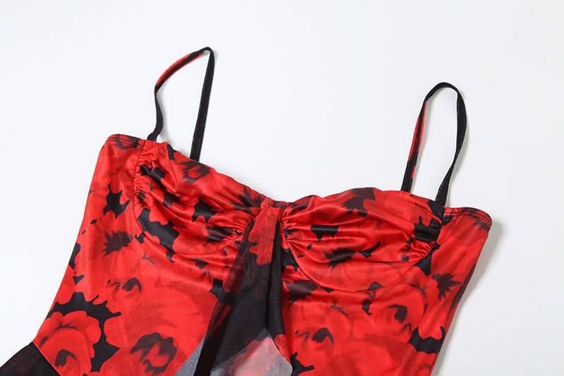 Mesh v neck ruffle print cami mini dress  | Festival Outfits Women-final-sale