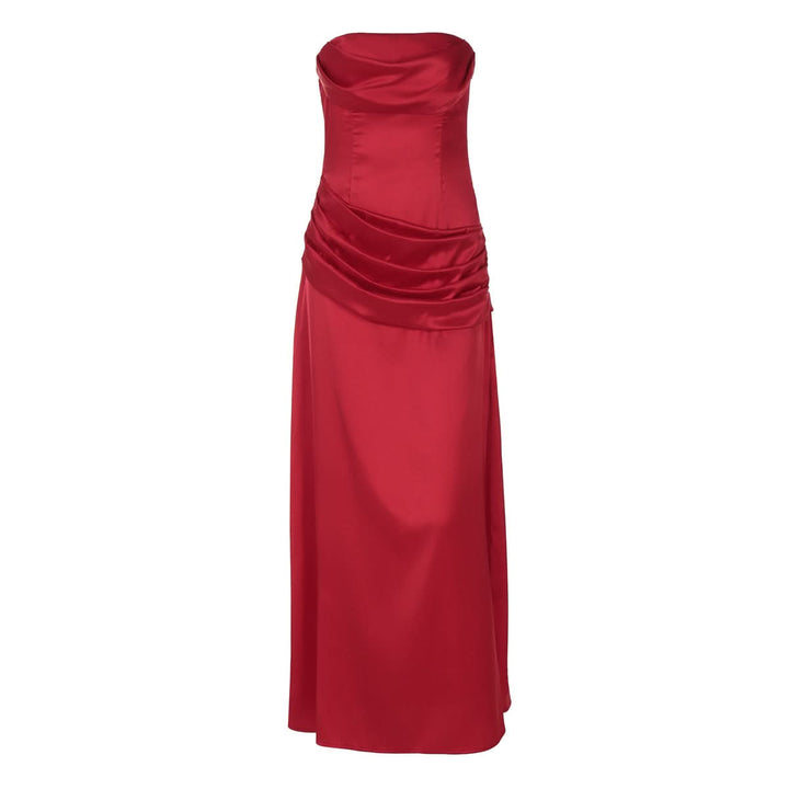 Satin pleated zip-up solid tube maxi dress  | Festival Outfits Women