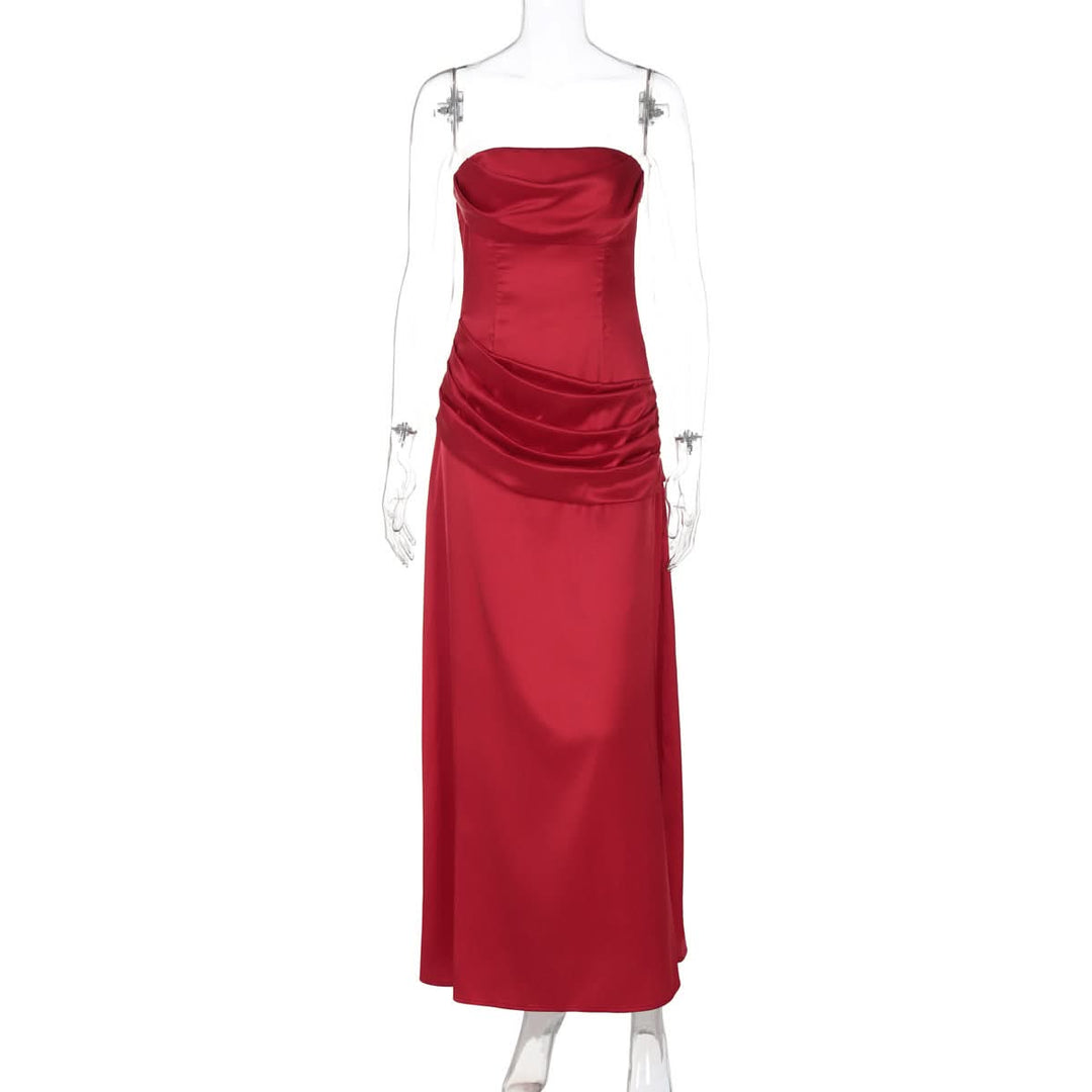 Satin pleated zip-up solid tube maxi dress  | Festival Outfits Women
