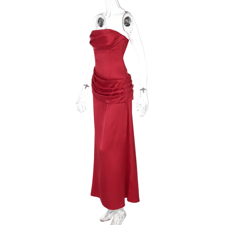 Satin pleated zip-up solid tube maxi dress  | Festival Outfits Women