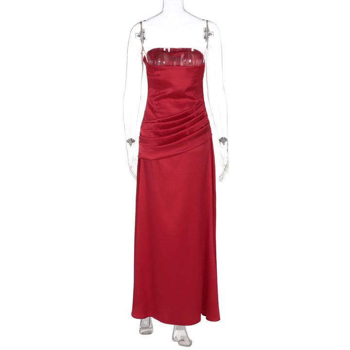 Satin pleated zip-up solid tube maxi dress  | Festival Outfits Women