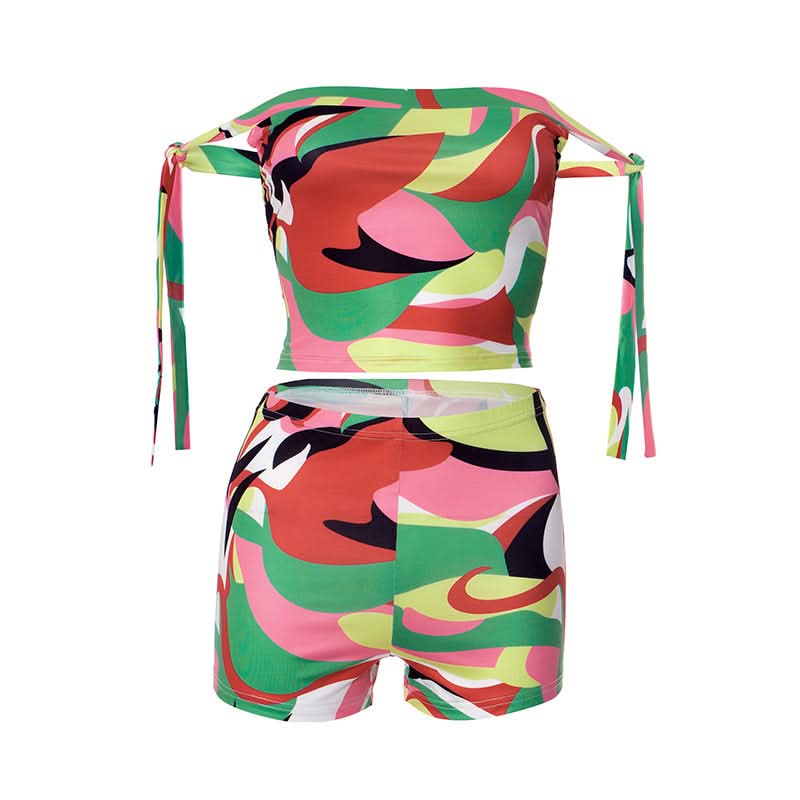 Off shoulder print self tie medium rise pant set  | Festival Outfits Women