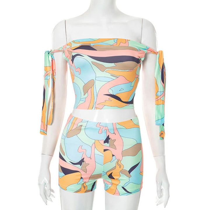 Off shoulder print self tie medium rise pant set  | Festival Outfits Women