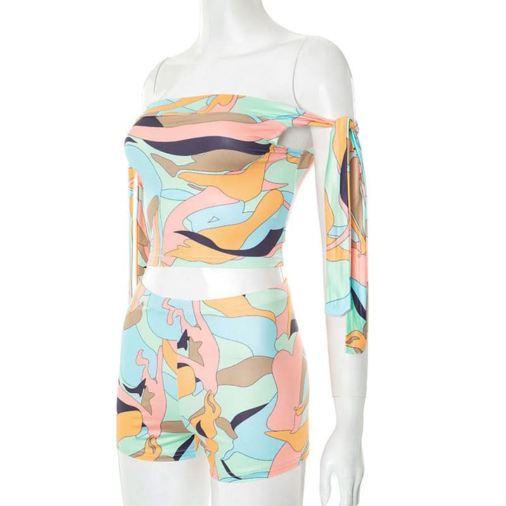 Off shoulder print self tie medium rise pant set  | Festival Outfits Women