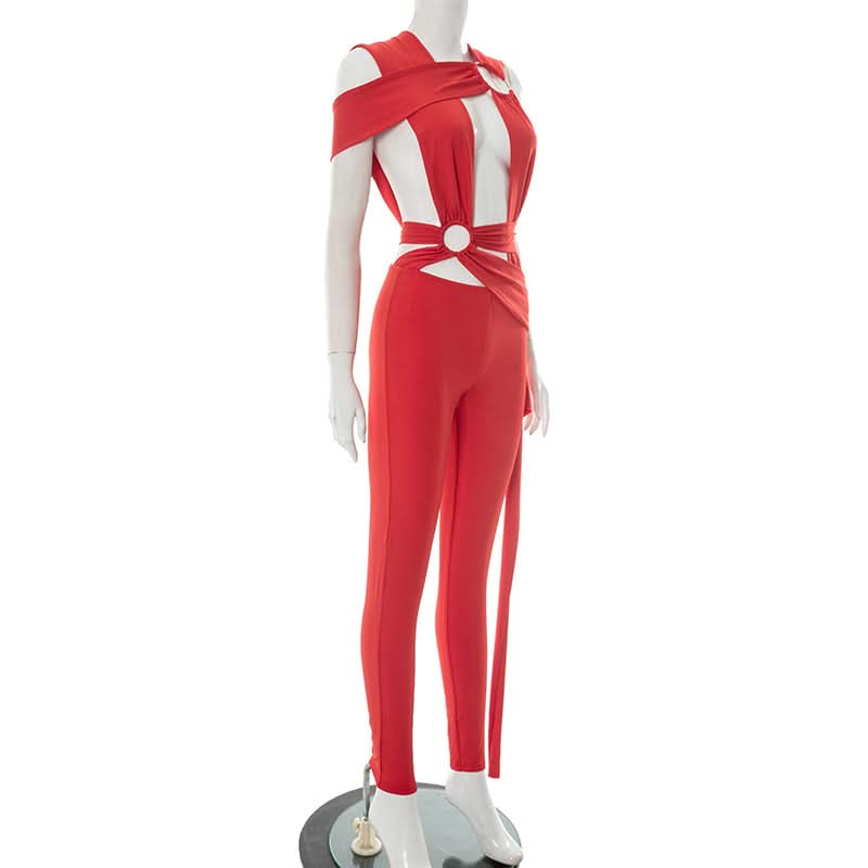 Irregular o ring hollow out ruched jumpsuit  | Festival Outfits Women