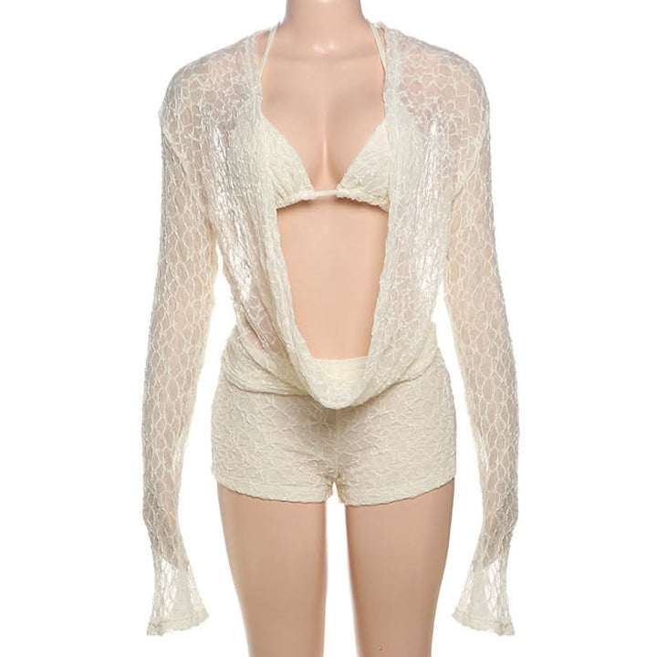 Long flared sleeve halter self tie 3 piece short pant set  | Festival Outfits Women