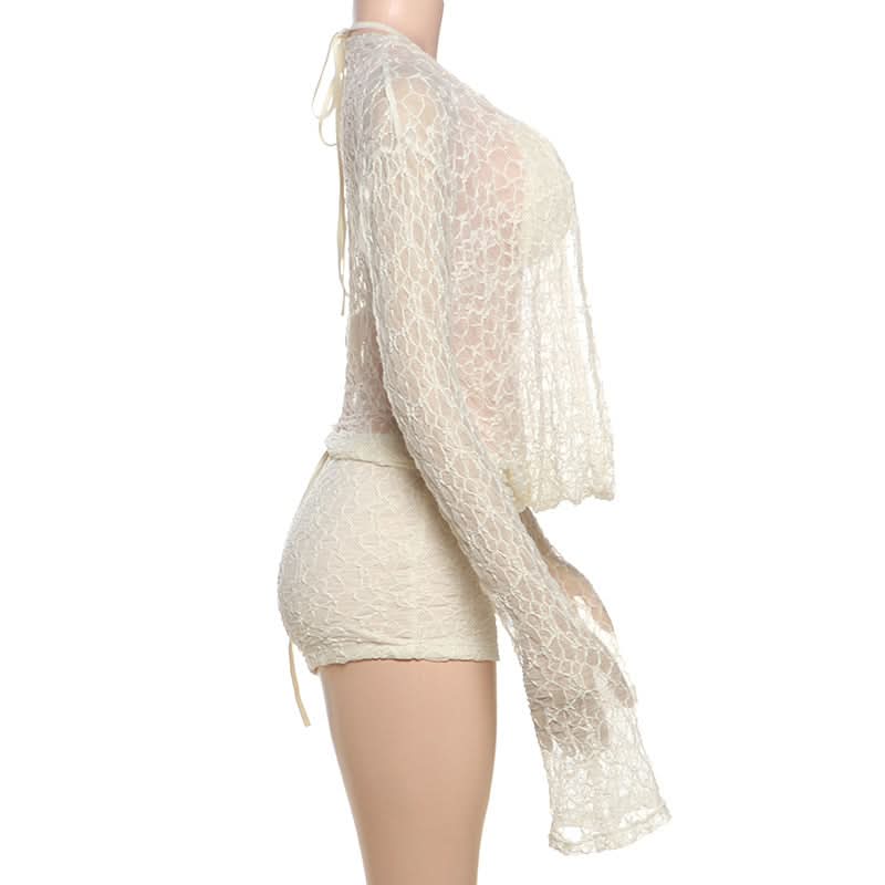 Long flared sleeve halter self tie 3 piece short pant set  | Festival Outfits Women