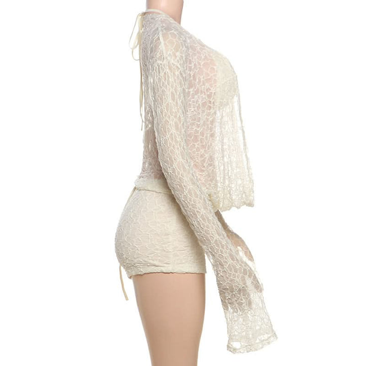 Long flared sleeve halter self tie 3 piece short pant set  | Festival Outfits Women