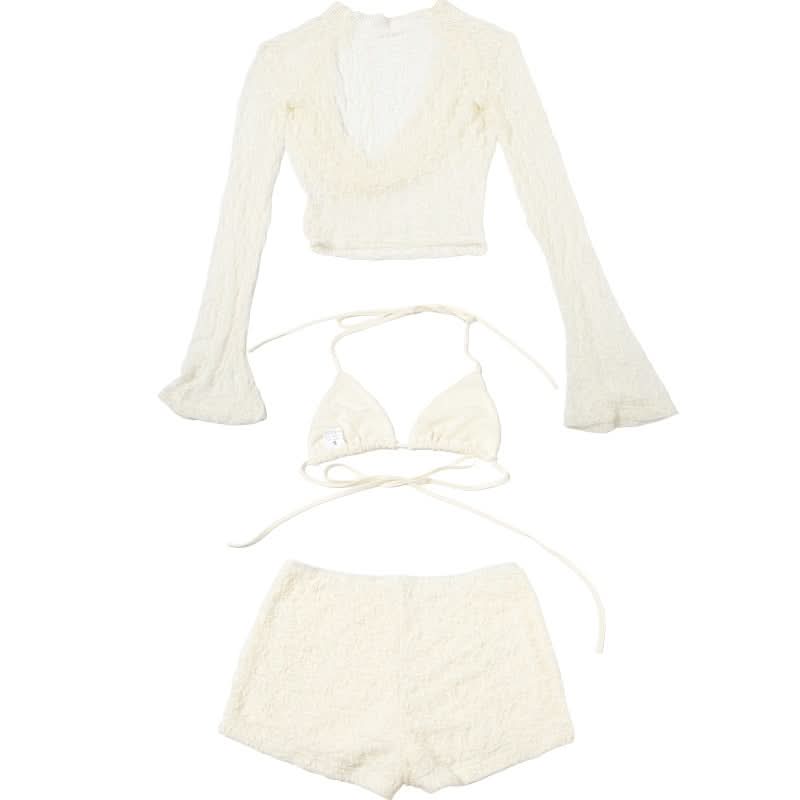 Long flared sleeve halter self tie 3 piece short pant set  | Festival Outfits Women